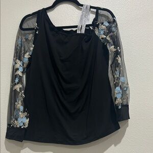 SHEIN Black Top with Sheer Floral Sleeves